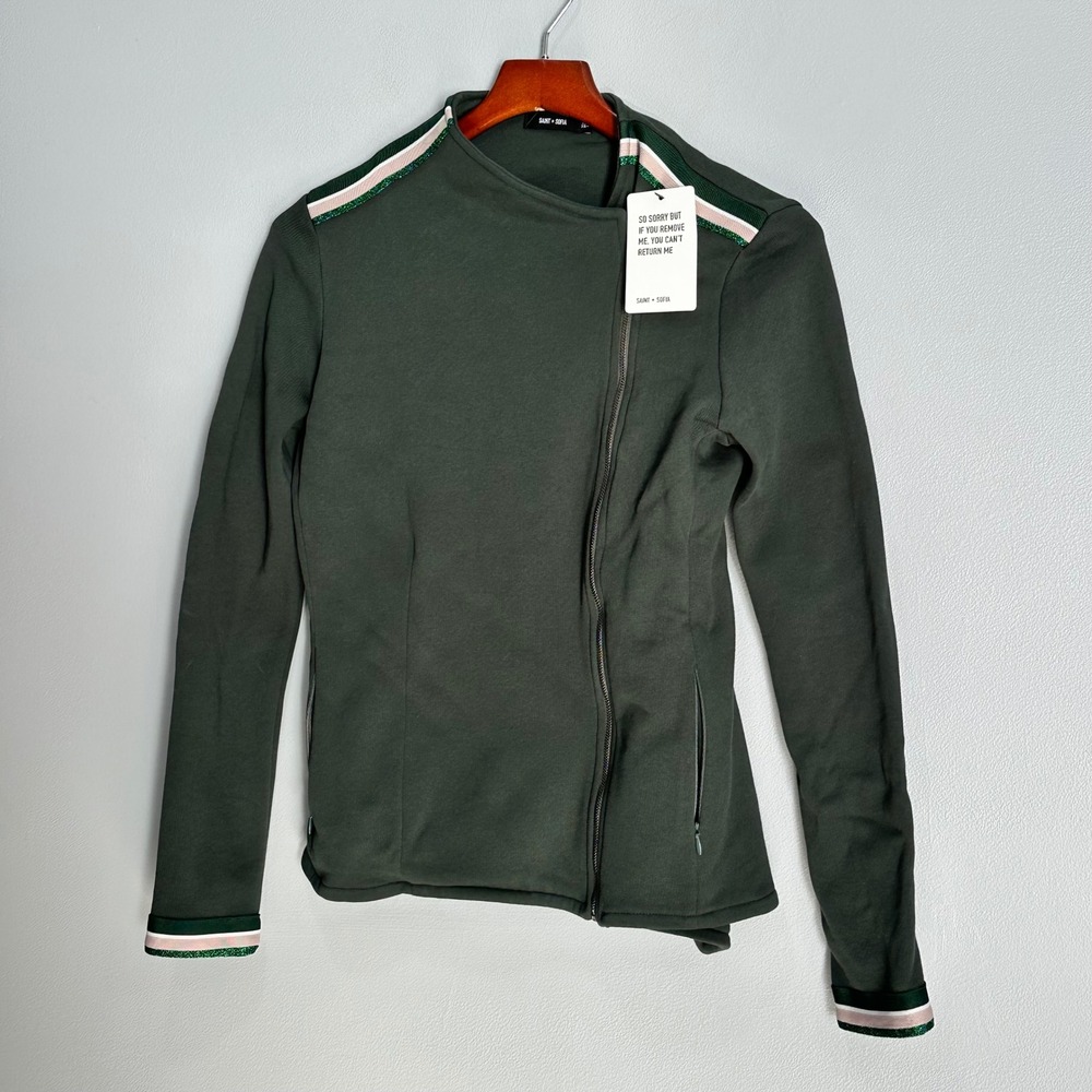 SAINT + SOFIA Cotton Biker Jacket Bottle Green Pink Lurex Stripe Size 6